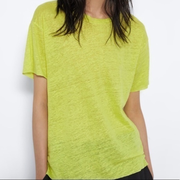 Zara Tops - ZARA 100% Linen Raw Hem Heather Yellow Tee Shirt